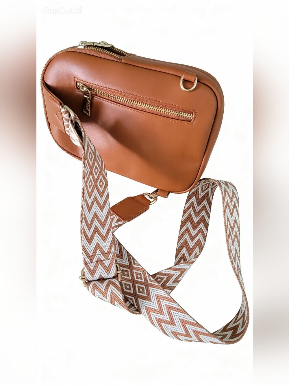DIOMO Cognac Brown Vegan Leather Sling Crossbody Bag - Chevron Guitar Strap